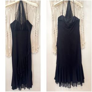 Y2K Black Sparkle Chiffon Halter Dress Ruffles SZ SM Whimsy Goth Dark Romantic